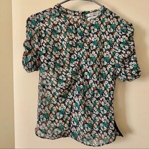 Floral Puff-Sleeve Blouse - Green/White